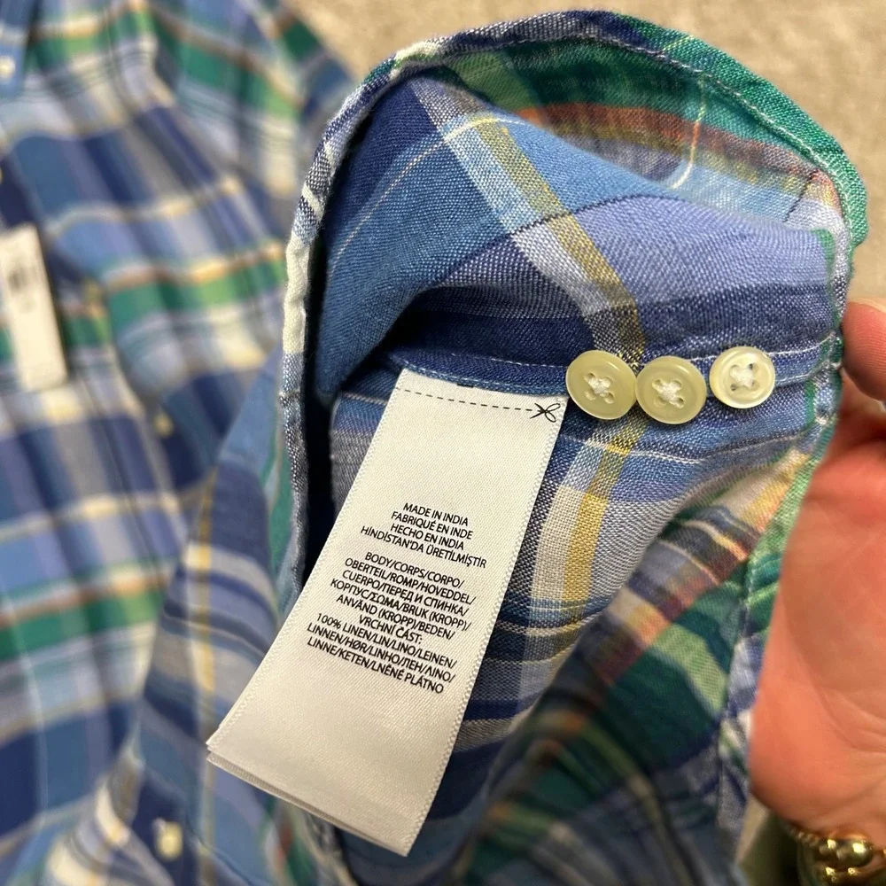 NWT Polo Ralph Lauren‎ Button Down Plaid Linen Shirt Men Size 2XB Blue Green